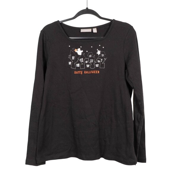 croft & barrow Tops - Happy Halloween TShirt M Haunted House Ghost Embroidered Long Sleeve Stretch